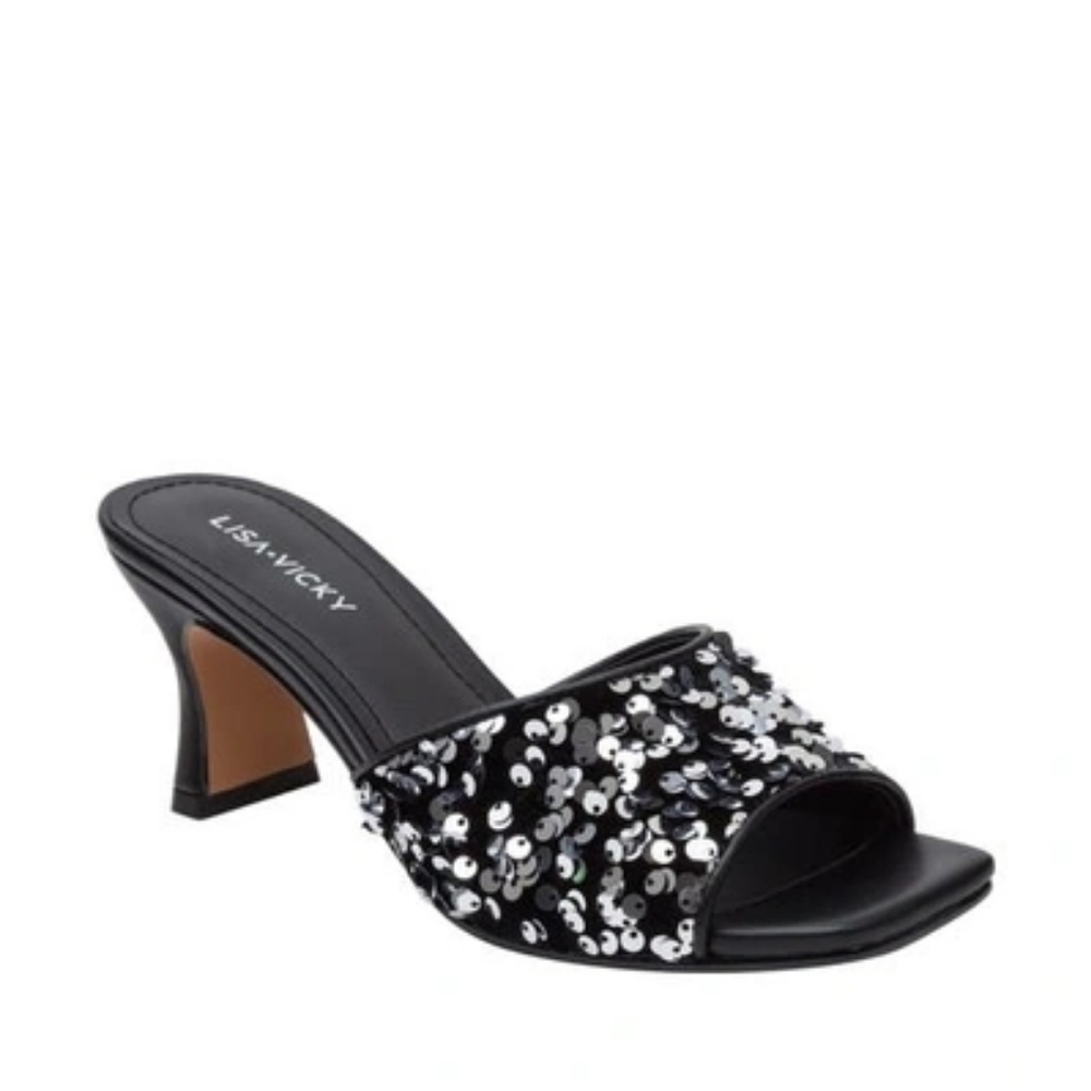 Lisa Vicky Pretty-V Black Slide Sandal Platinum Black Sequins Size 10 Heels